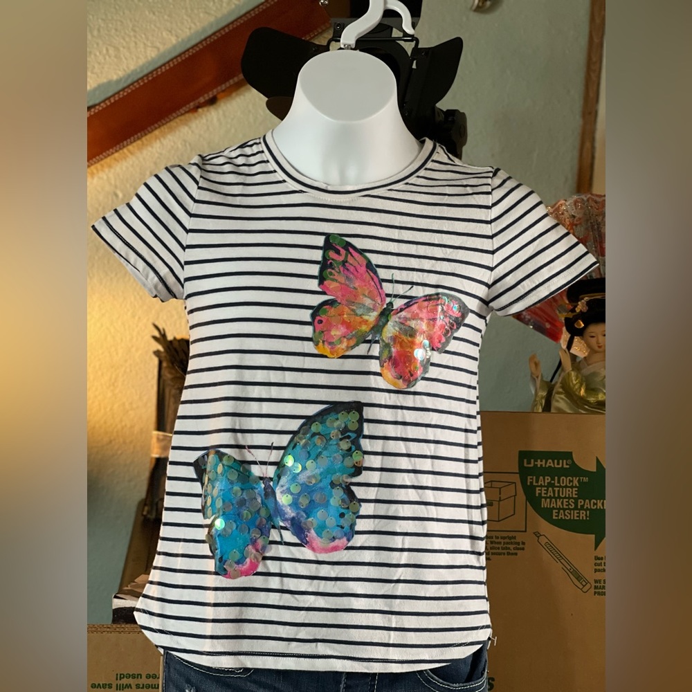 White with blue stripes girls blouse size M 7-8
